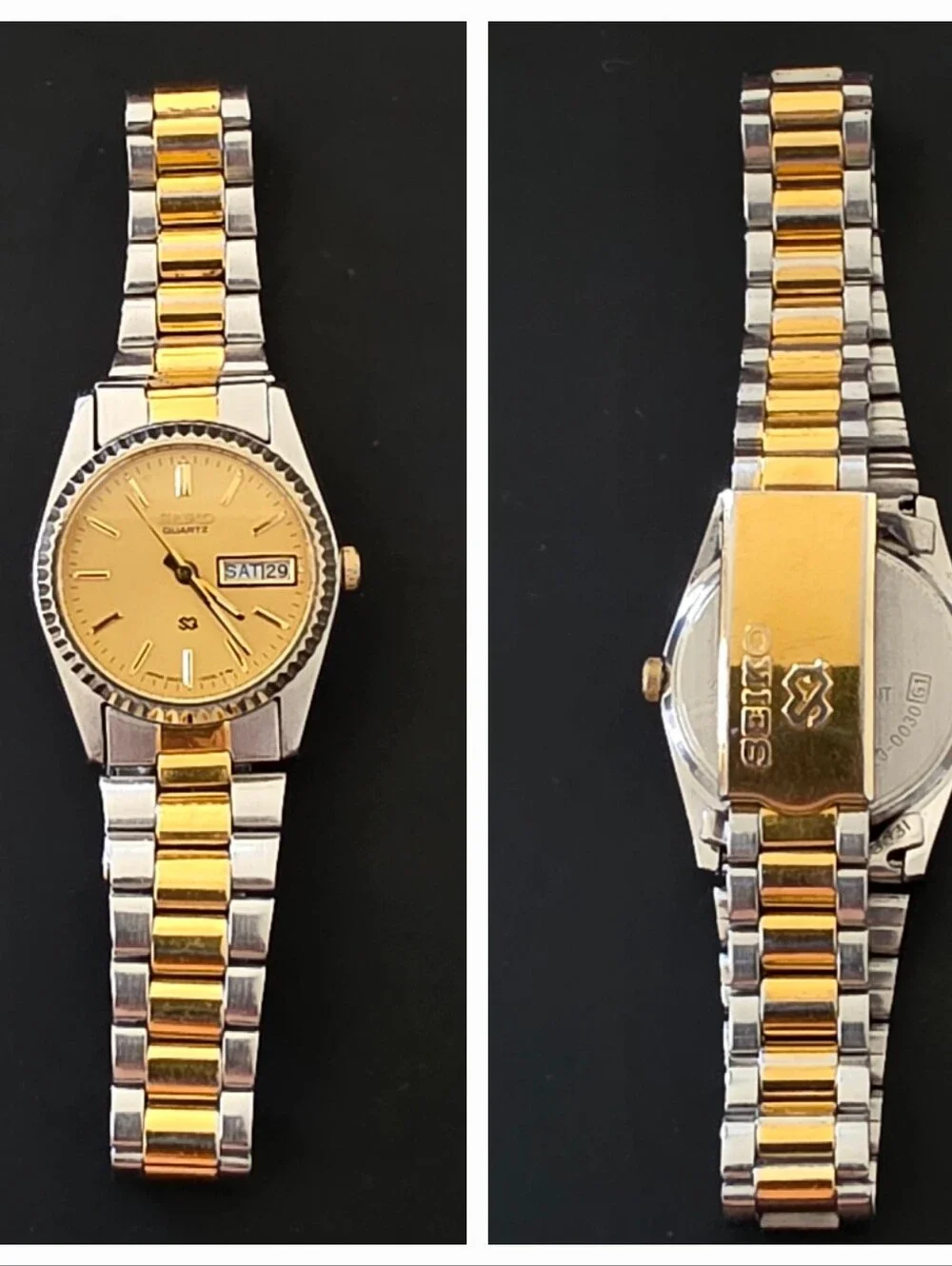 VTG Seiko SQ Gold Plated Fluted Bezel Two Tone English French Day Date Works
